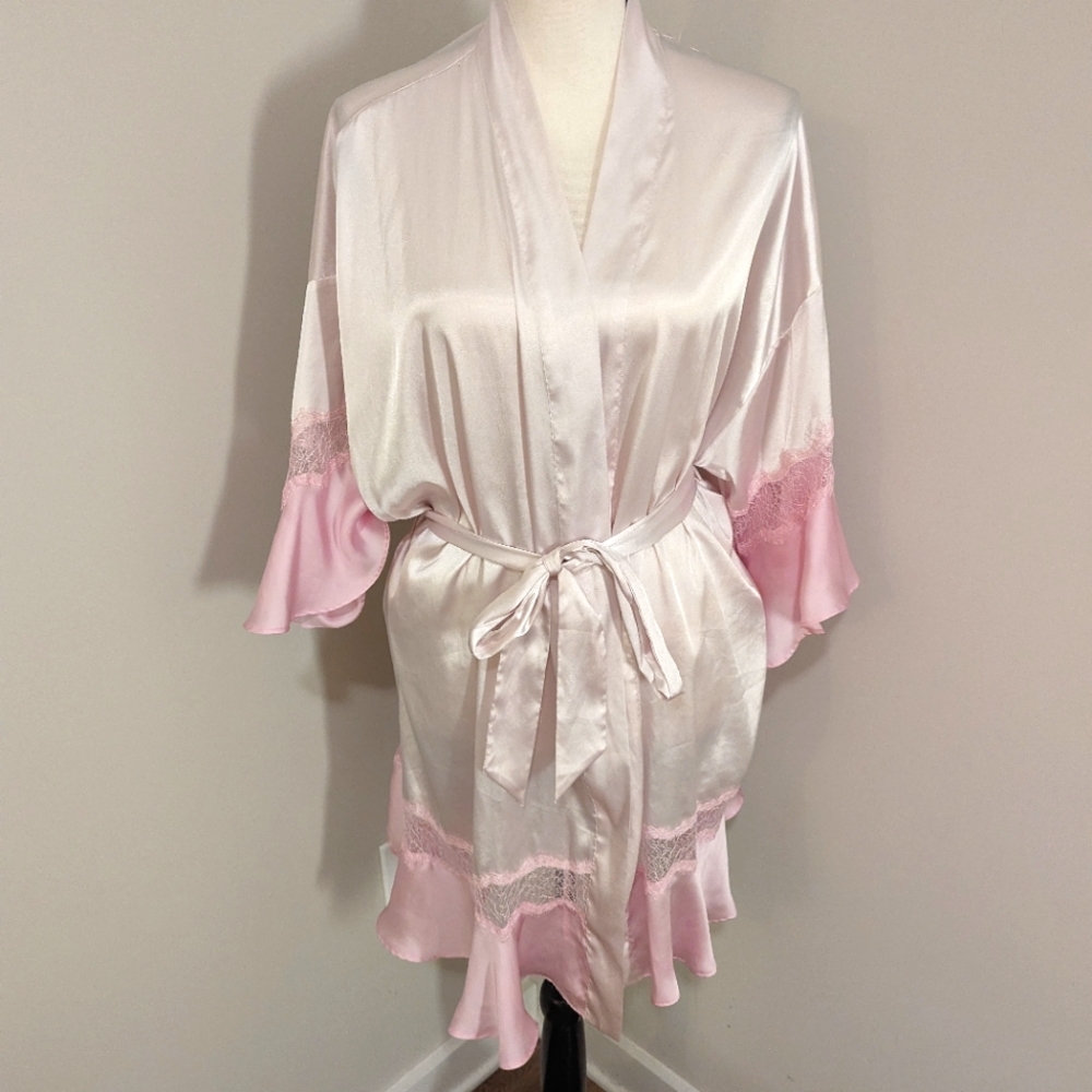 RARE Victoria's secret Angels flounce satin robe kimono white and pink size M/L